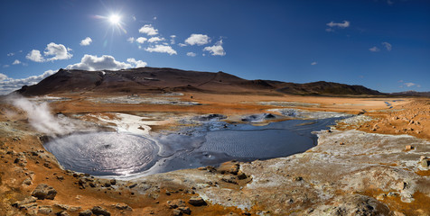 Natural steam rising from volcanic vents in the earth. Namafjall - geothermal area in field of Hverir. Landscape which pools of boiling mud and hot springs. Tourism and natural attractions in Iceland.