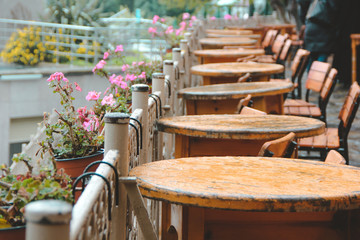 empty tables in the cafe, no customers