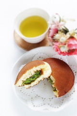 Japanese confectionery, Green tea cream Dorayaki sweet pancake sandwich