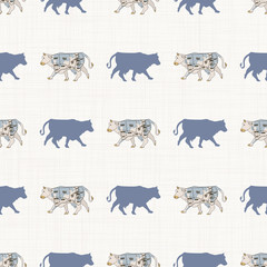Seamless french farmhouse cow with cut chart silhouette pattern. Farmhouse linen shabby chic style. Hand drawn rustic texture background. Country farm kitchen design. 