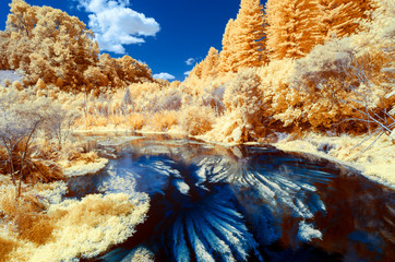 Infrared image of blue river with wooded banks - 351752720
