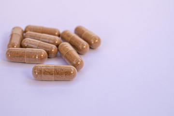 Herbal capsule, nutritional supplement, vitamin pill, herbal medicine on white background. Tribulus Terrestris