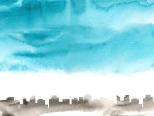 Flowing blue watercolor blue sky and stylized  silhouettes of buildings with brush strokes and texture of water color paper. Daytime minimal illustration.