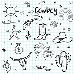 Obraz premium Set of black doodle on paper background.Cowboy elements