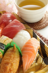 Japanese food, assorted sushi in food container for take out cuisine