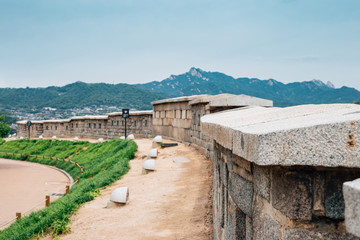 Fototapeta na wymiar Naksan fortress wall road at summer in Seoul, Korea