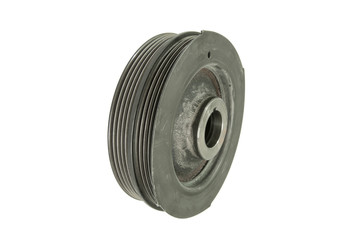 Old crankshaft pulley on white background, isolated, Car maintenance service.