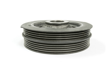 Old crankshaft pulley on white background, isolated, Car maintenance service.