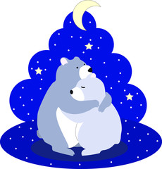 Cute cartoon flat vector hugging bears with snow on a background
