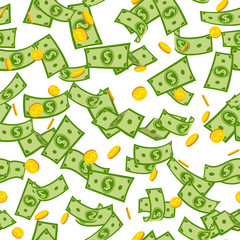 Money rain many flat cartoon seamless pattern. Green paper notes and gold coin flying in air. Money banknotes flying wite background, various banknotes. American money float. Vector illustration