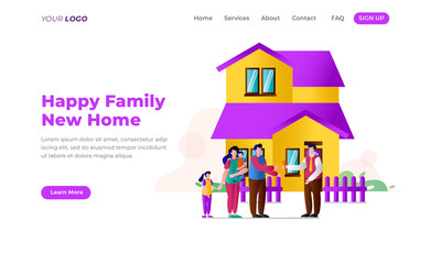 Real estate landing page template. Happy family with children in new house concept. Father holding roof of new home. New purchased or rented housing. Love people together banner. Vector illustration