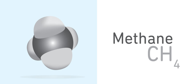 Methane (CH4) gas molecule. Space filling model. Structural Chemical Formula and Molecule Model. Chemistry Education