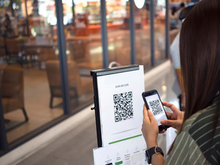 people scan QR-code for check in on supermarket or tacking  time line, coronavirus or covid-19, new normal - obrazy, fototapety, plakaty