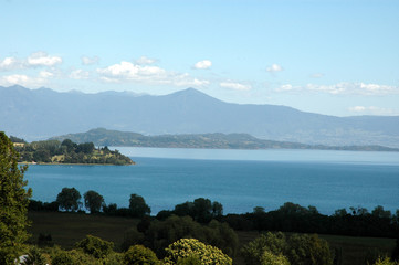 Obraz premium Lago Ranco paisaje montaña sur de chile campo montañas agua lago naturaleza floress bosques aves cisne cuello negro