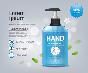 Alcohol sanitizer gel and hand wash bottle template, virus protection, concept design, vector illustration
