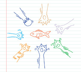 Hand draw foots of cat and fish .Doodle cartoon style on paper background