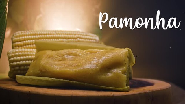 A typical Brazilian food, Pamonha. Beside it appears written in Portuguese: Pamonha