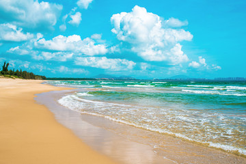 Fototapeta na wymiar Stunning yellow sand beach, turquoise sea and blue sky with beautiful clouds. Amazing waves are washed up to the shore. South China Sea. Hainan paradise island, Sanya city. Beach Haitang Bay.