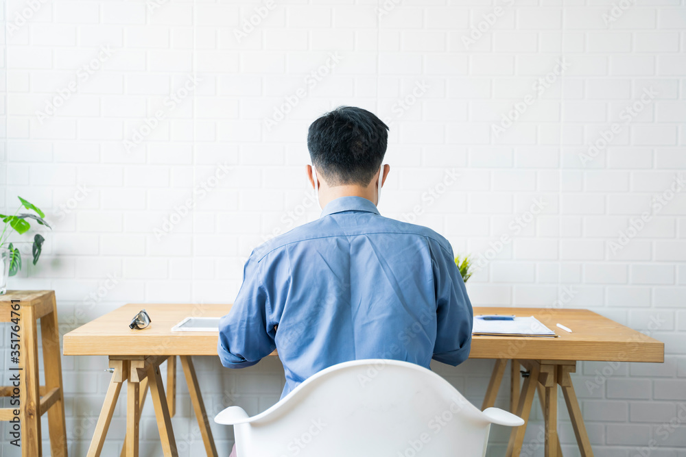 Fototapete Working from home web designing graphical user interface UX UI, home office using computer laptop and pen sketching graphics tablet device creative planning innovative ideas, asian man quarantine
