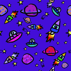 Cute Planets And Rocket Kids Pattern Seamless