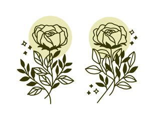 vector set of rose illustration logo elements and flower plant lineart design for sticker, card, tags, wedding invitation, decoration, or banner