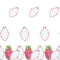 Watercolor horizontal seamless pattern Pitaya. Whole, Half. Tropical illustration Isolated on white background. Hand drawn. Healthy trendy food for vegan. Design for kitchen, textile fabrics, menu.