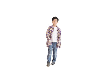 Naklejka premium A portrait of a cute Asian elementary school student wearing jeans and a plaid shirt.