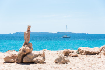 Fototapeta na wymiar Boat and sea landscape with the view of Cabrera Island, Majorca