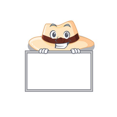 Naklejka premium Panama hat cartoon design style standing behind a board