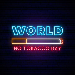 World no tobacco day neon signboard. Bright glowing cigarette icon on dark brick wall background. Stop smoking concept. Stock vector illustration.