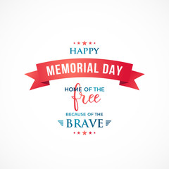 Happy Memorial Day banner. National american holiday. Greeting card design with red ribbon and text. Vector illustration.