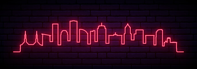 Obraz premium Red neon skyline of Portland city. Bright Portland long banner. Vector illustration.
