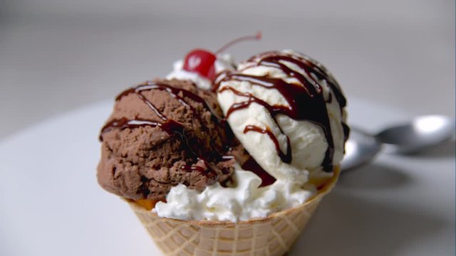 ice cream sundae on waffle cone cup