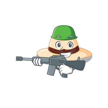 A cartoon picture of Army panama hat holding machine gun