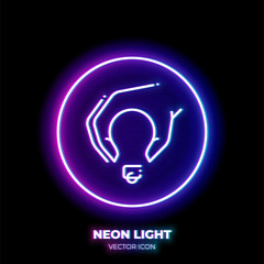 Hand take lightbulb neon light line art vector icon. Outline symbol of idea. Inspiration pictogram made of thin stroke. Isolated on background.