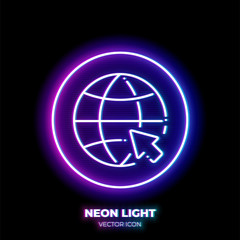 World with mouse cursor neon light line art vector icon. Outline symbol of internet browser. Network pictogram made of thin stroke. Isolated on background.