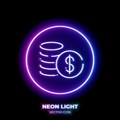 Cash neon light line art vector icon. Outline symbol of money. Investment pictogram made of thin stroke. Isolated on background.