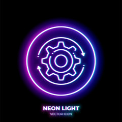Gear neon light line art vector icon. Outline symbol of cog wheel. Engineering pictogram made of thin stroke. Isolated on background.