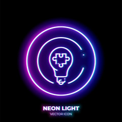 Lightbulb with puzzle piece neon light line art vector icon. Outline symbol of creative solution. Idea pictogram made of thin stroke. Isolated on background.