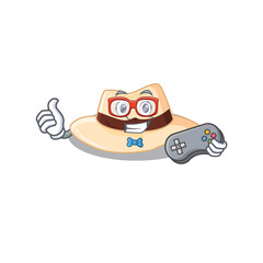 Mascot design style of panama hat gamer playing with controller