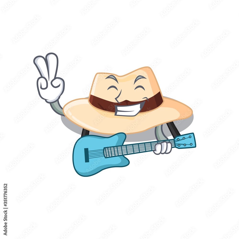 Poster brilliant musician of panama hat cartoon design playing music with a guitar