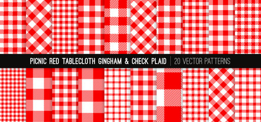 Red Gingham and Tartan Check Plaid Vector Patterns. Picnic Tablecloth Textures. Food Packaging, Take Out Meal Delivery Menu Backgrounds. Pattern Tile Swatches Included.