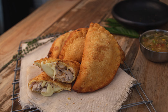 Cheese pie with typical Colombian chili (empanada)