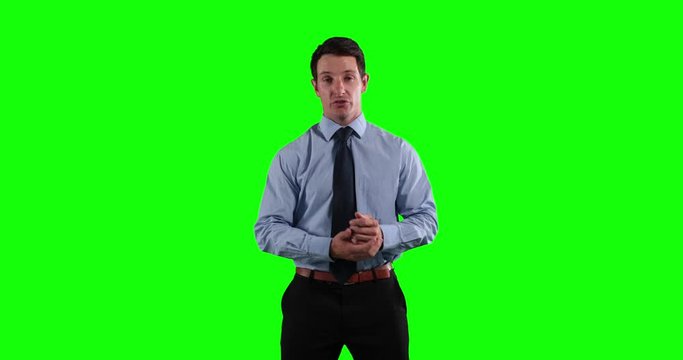 Animation of a man in suit talking in a green background