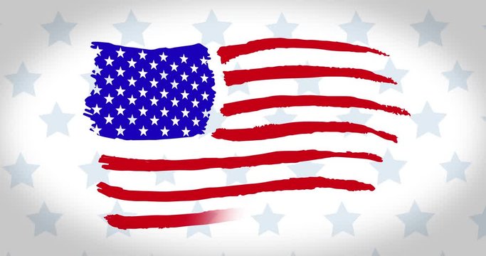 Animation of hand drawn American flag waving on rows of pale blue stars on white background