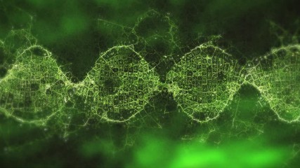 Animation of DNA strain made of connections on green background - Powered by Adobe