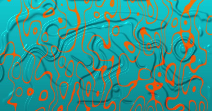 Animation of multiple 3d turquoise and orange glowing liquid shapes waving swirling and flowing smoothly