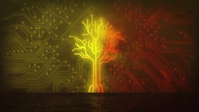 Animation of tree formed with computer processor integrated circuit board elements