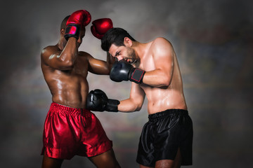 Fototapeta na wymiar diverse boxing fighters fighting on ring in champion match
