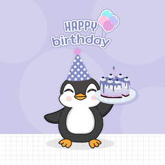 Cute Penguin holds a birthday cake. Happy Birthday Greeting Card.